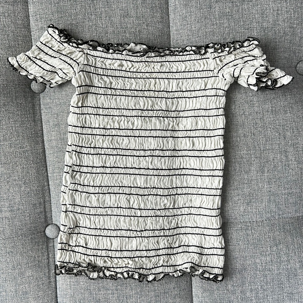 Black and White Striped Stretchy Off The Shoulder Smocked Mango Top Size XS-S
